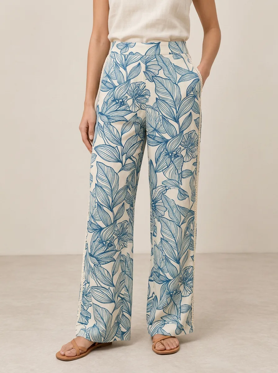 Women's Contemporary Botanical Floral Printed Wide Leg Pants