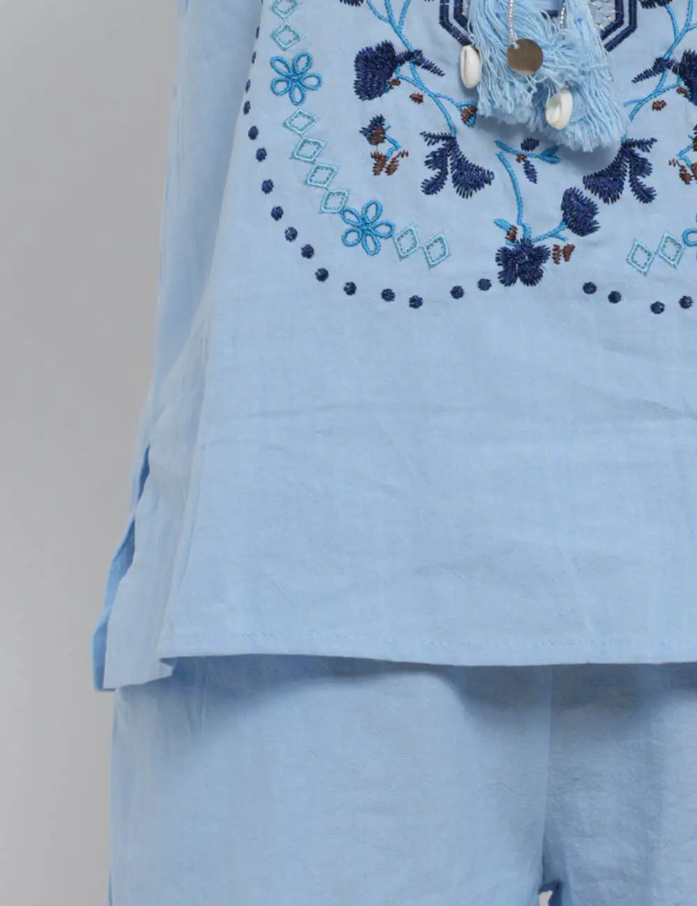 Boho Embroidery Pullover Blouse Shorts Two Piece Set