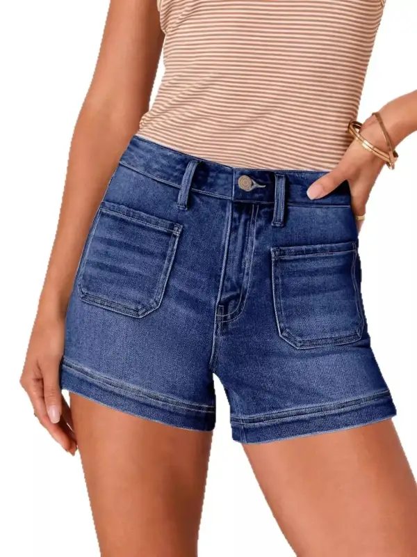 High-Waist Pocketed Cotton Denim Shorts