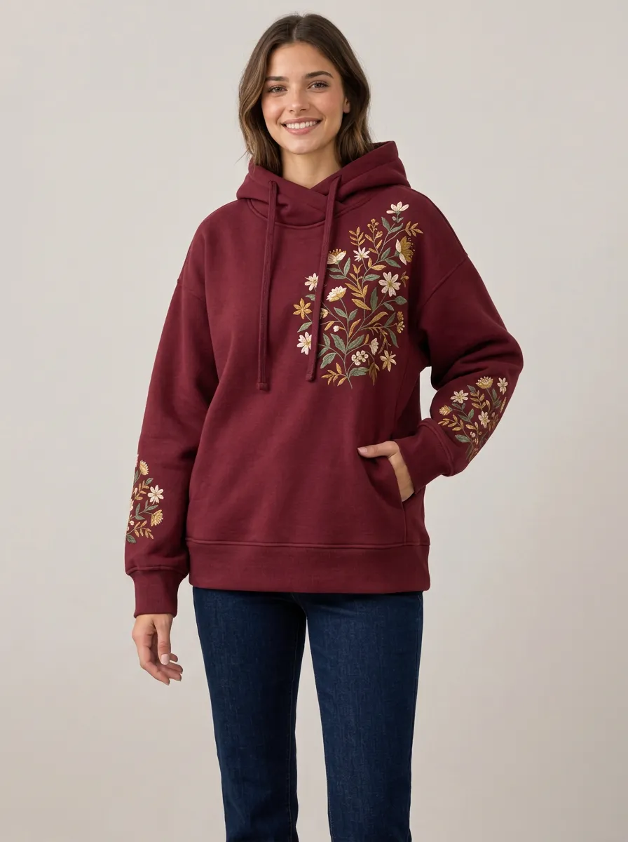 Artful Women's Floral Embroidered Graphic Nature Inspired Hoodie