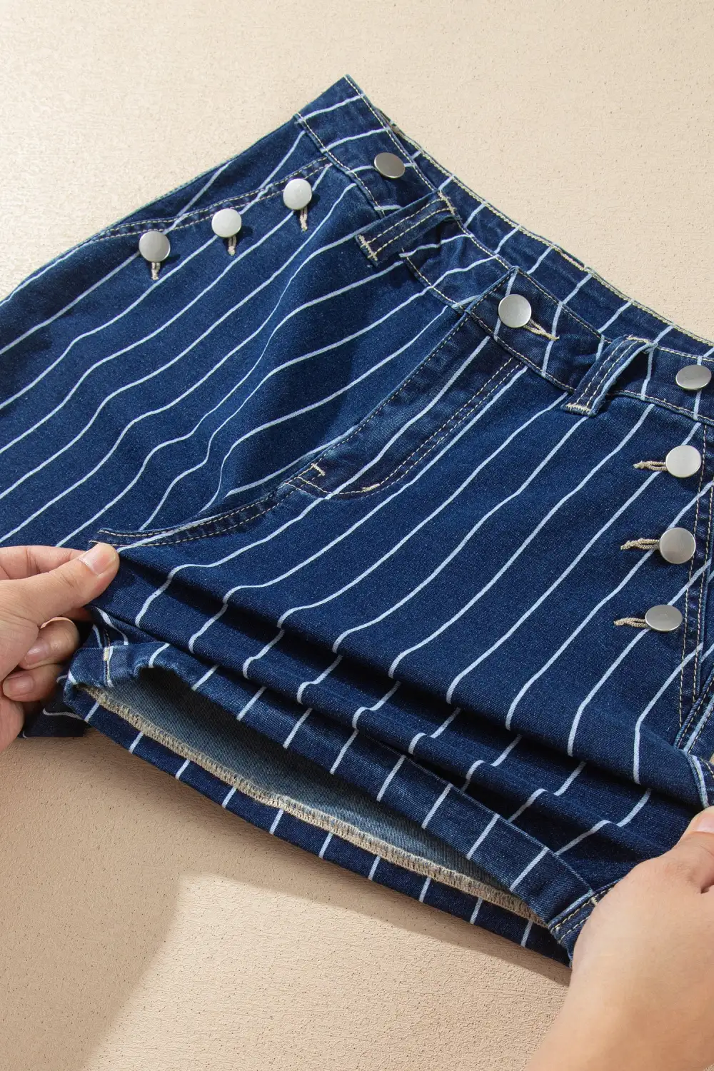 Button-Detail Striped Denim Shorts