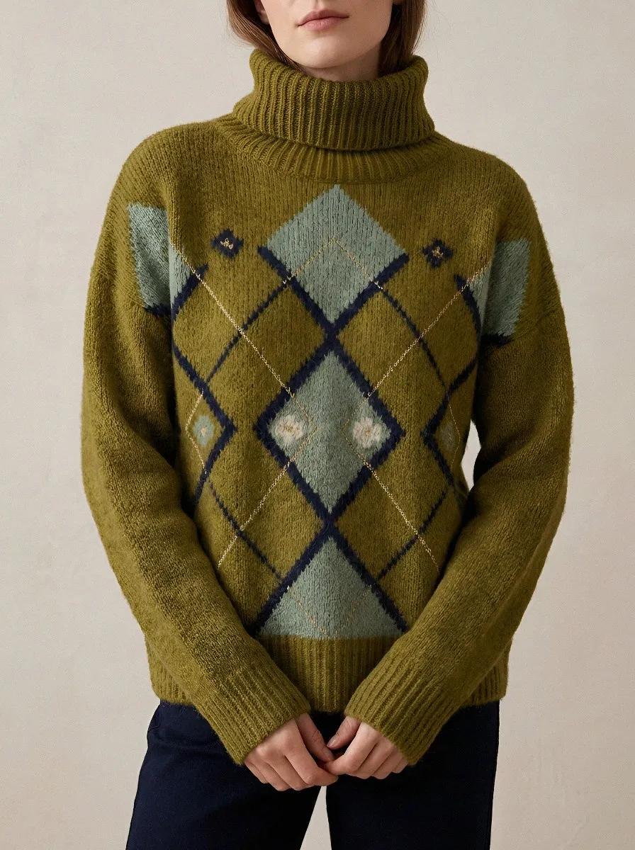 Women's Vintage Style Green Argyle Pattern Knitted Turtleneck Sweater