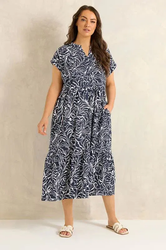 Navy Blue Abstract Print Notch Neck Cotton Midi Dress