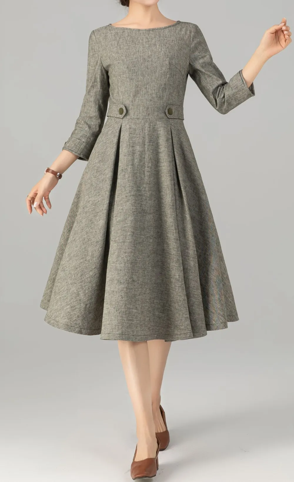 Refined Linen Cotton A Line Three Quarter Sleeve Midi Dress