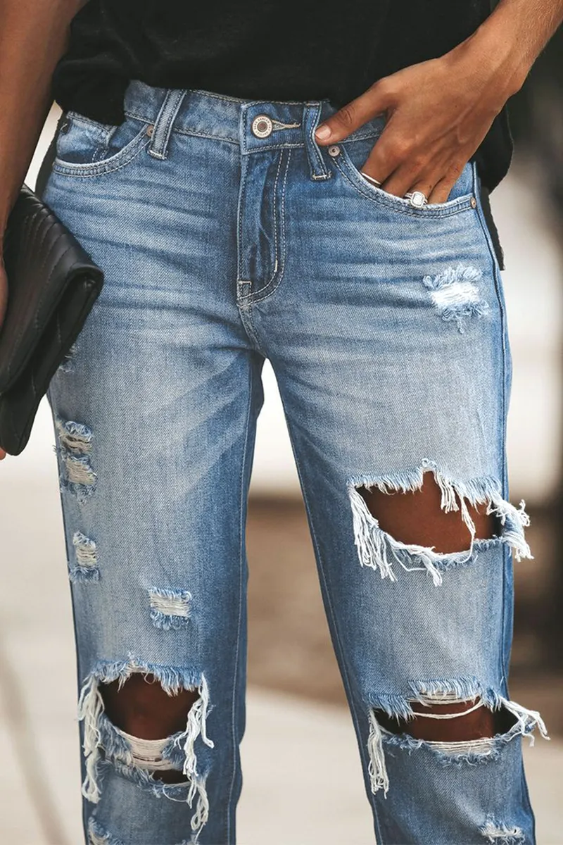 Distressed Mid Waist Straight Leg Jeans