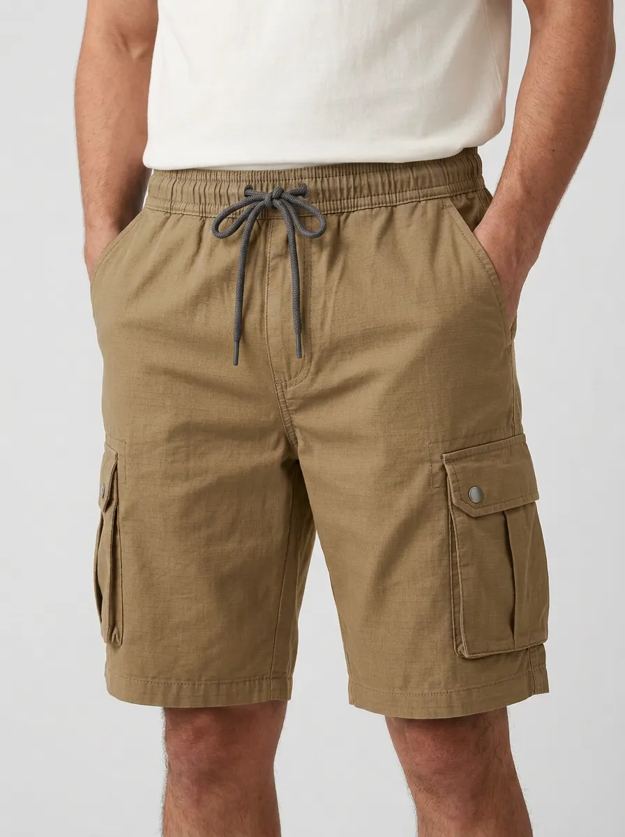 Relaxed-Look Pocketed Drawstring Utility Cargo Shorts