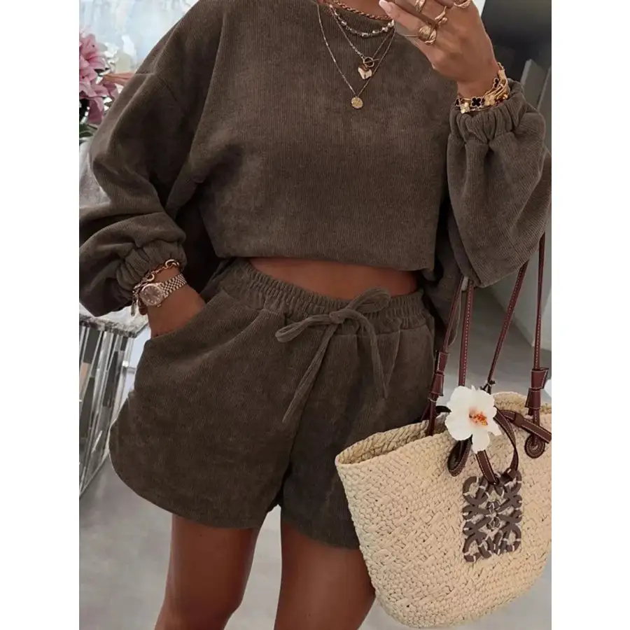 Casual Corduroy Long Sleeve Top and Drawstring Shorts Set