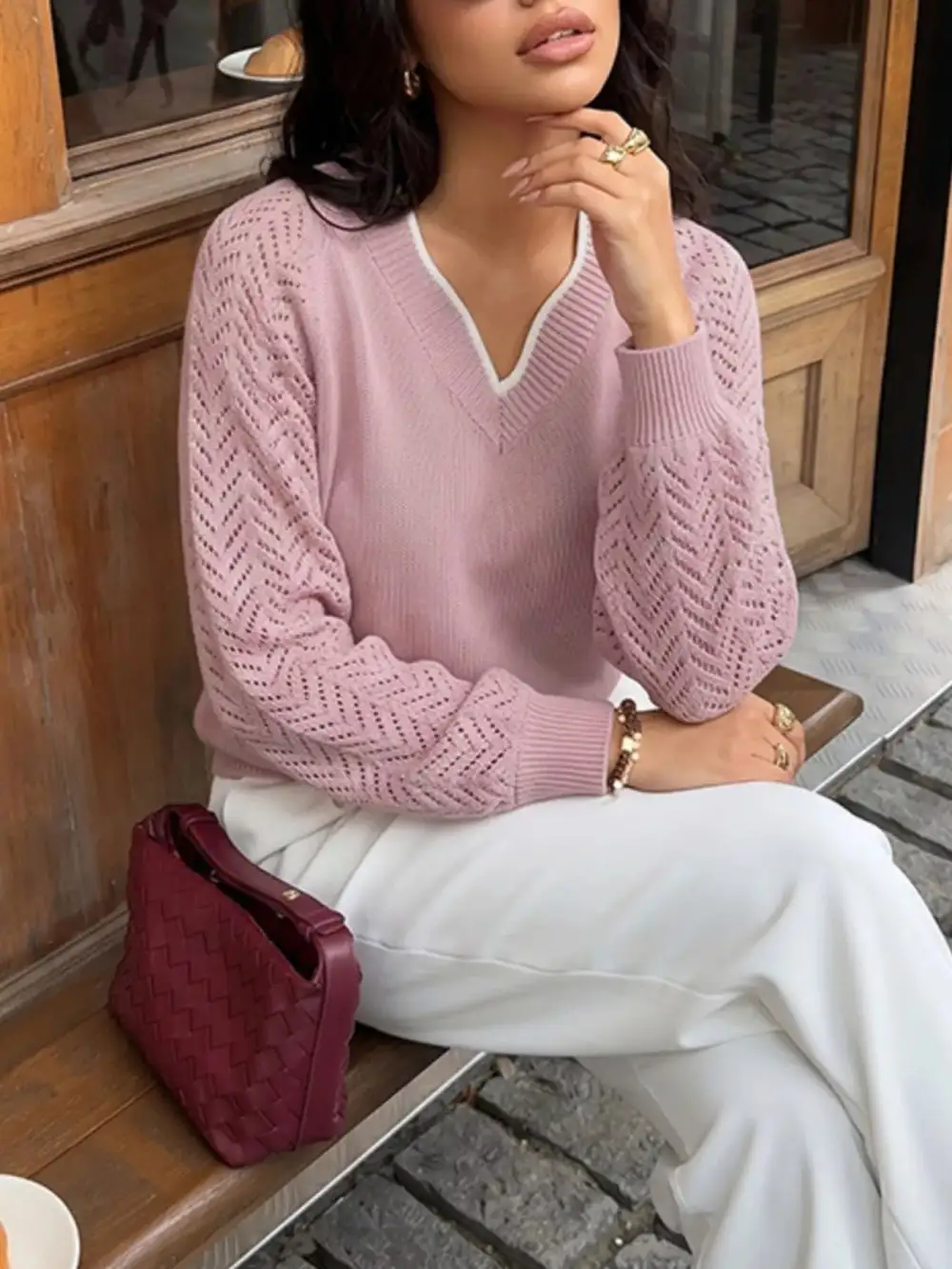 V-Neck Openwork Long Sleeve Sweater