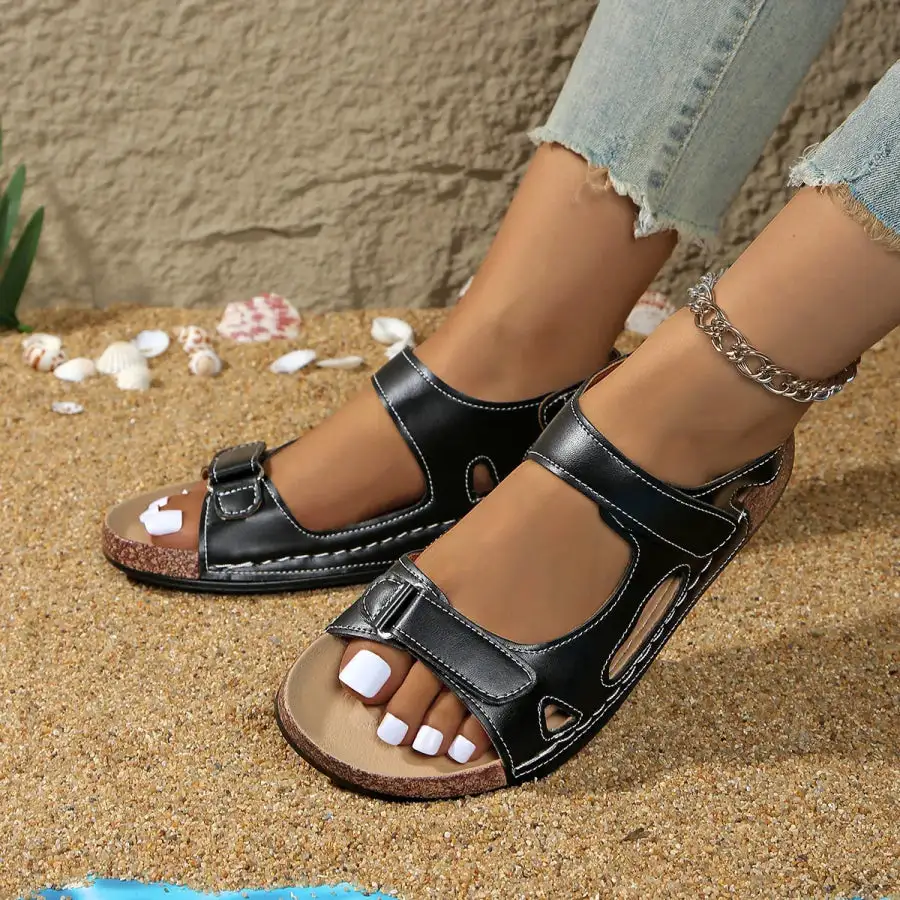 Buttoned Open Toe Wedge Sandals