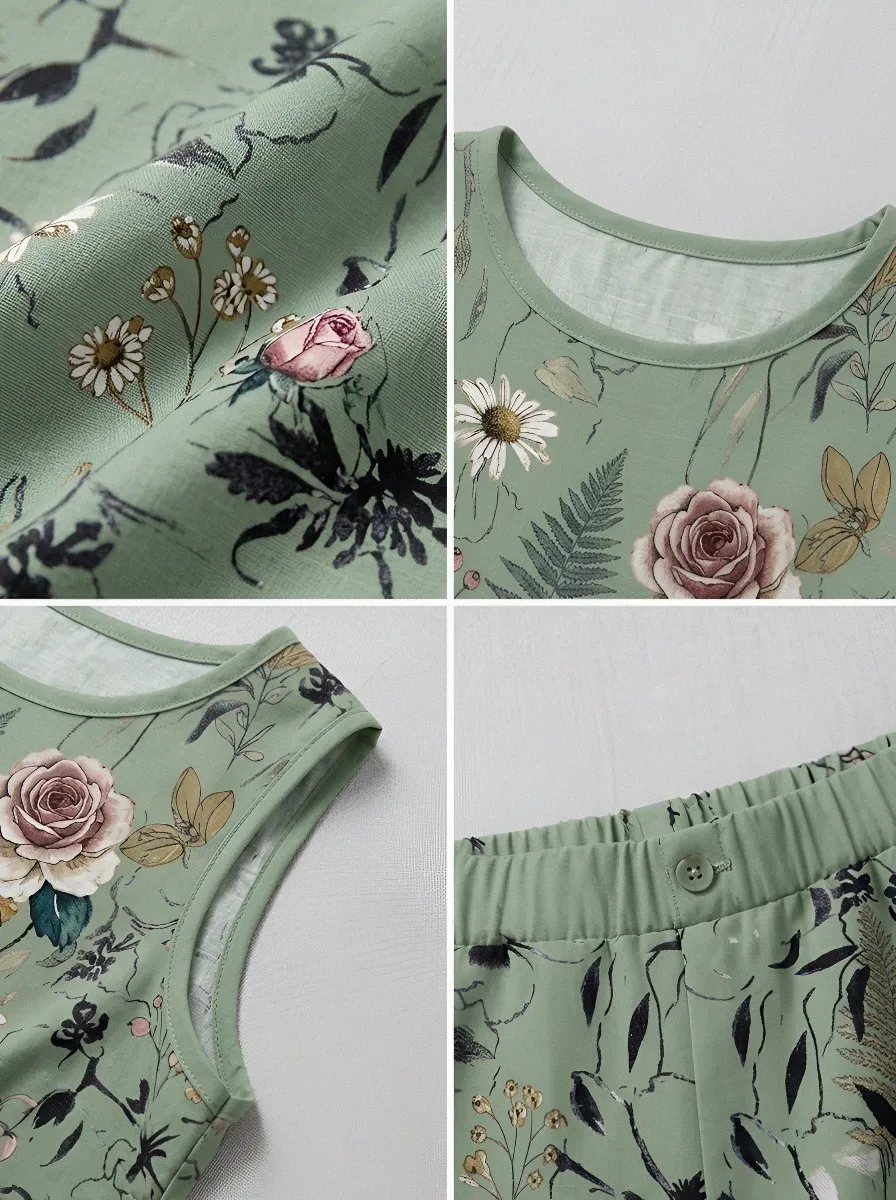 Women's Botanical Floral Rose Printed Sleeveless Shorts Set