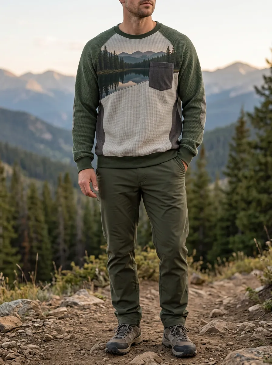 Men's Mountain Lake Nature Printed Waffle Knit Sweatshirt