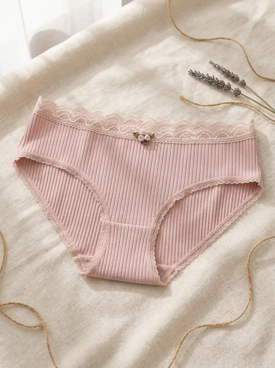 Women's Vintage Rose Floral Lace Trim Ribbed Panties