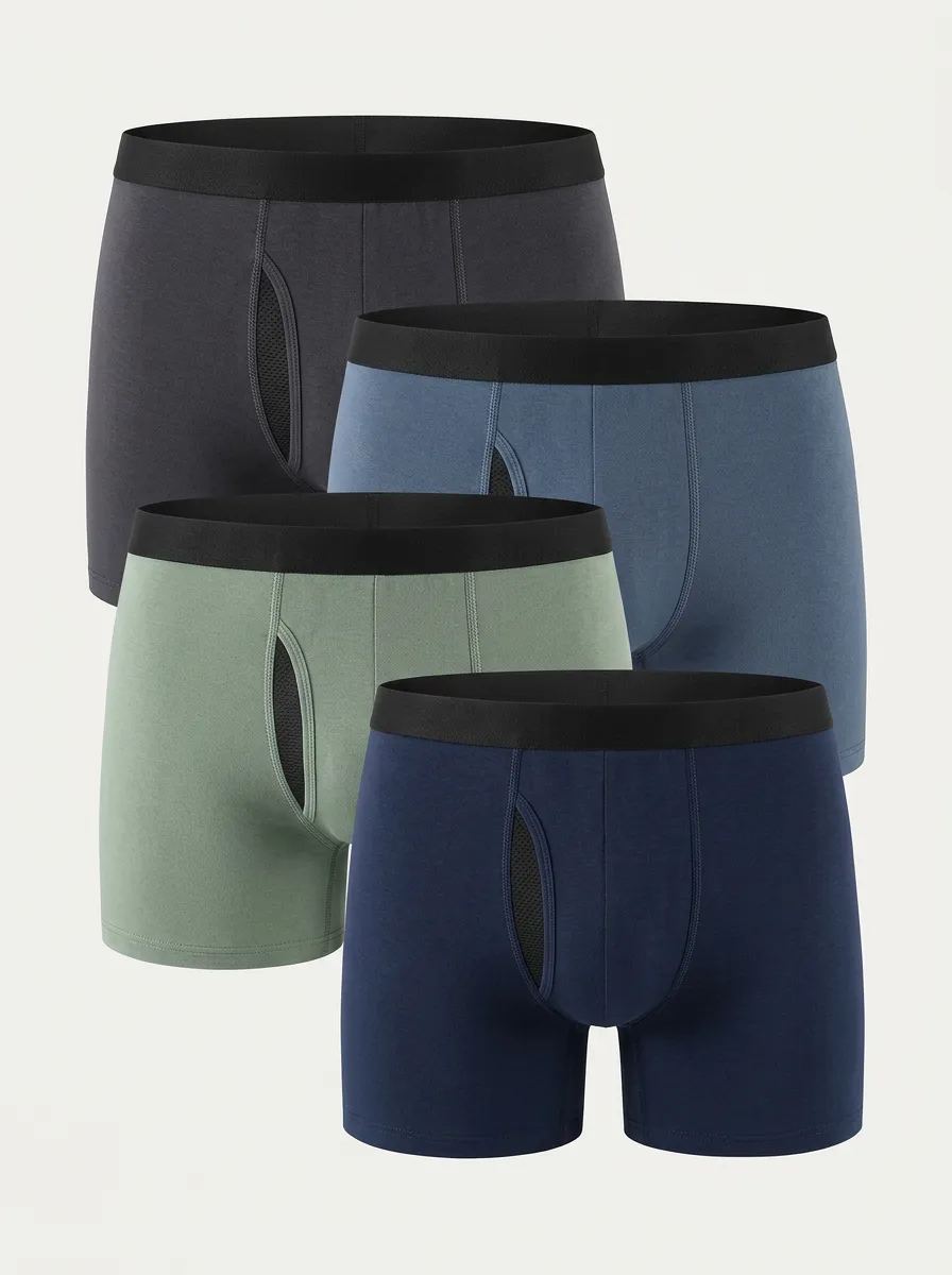 Men's Boxer Briefs Four-Pack with Mesh Breathable-Look Solid Cotton