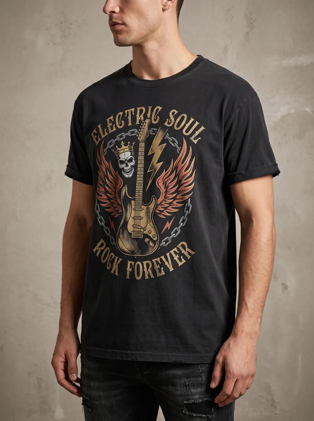 Men's Rock Music Lover Skull Guitar Wings Printed T-shirt