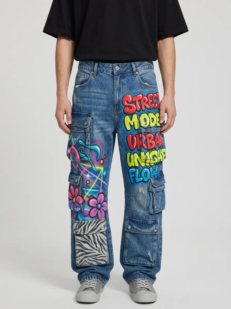 Men's Graffiti Floral Zebra Graphic Cargo Jeans