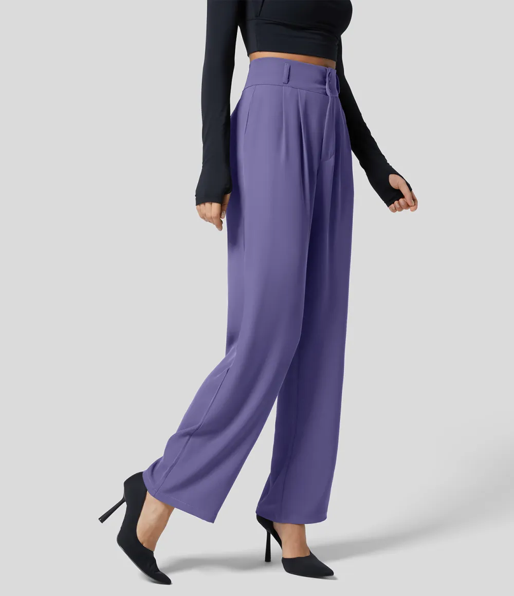 High Waisted Button Zipper Plicated Side Pocket Shirred Straight Leg Work Pants