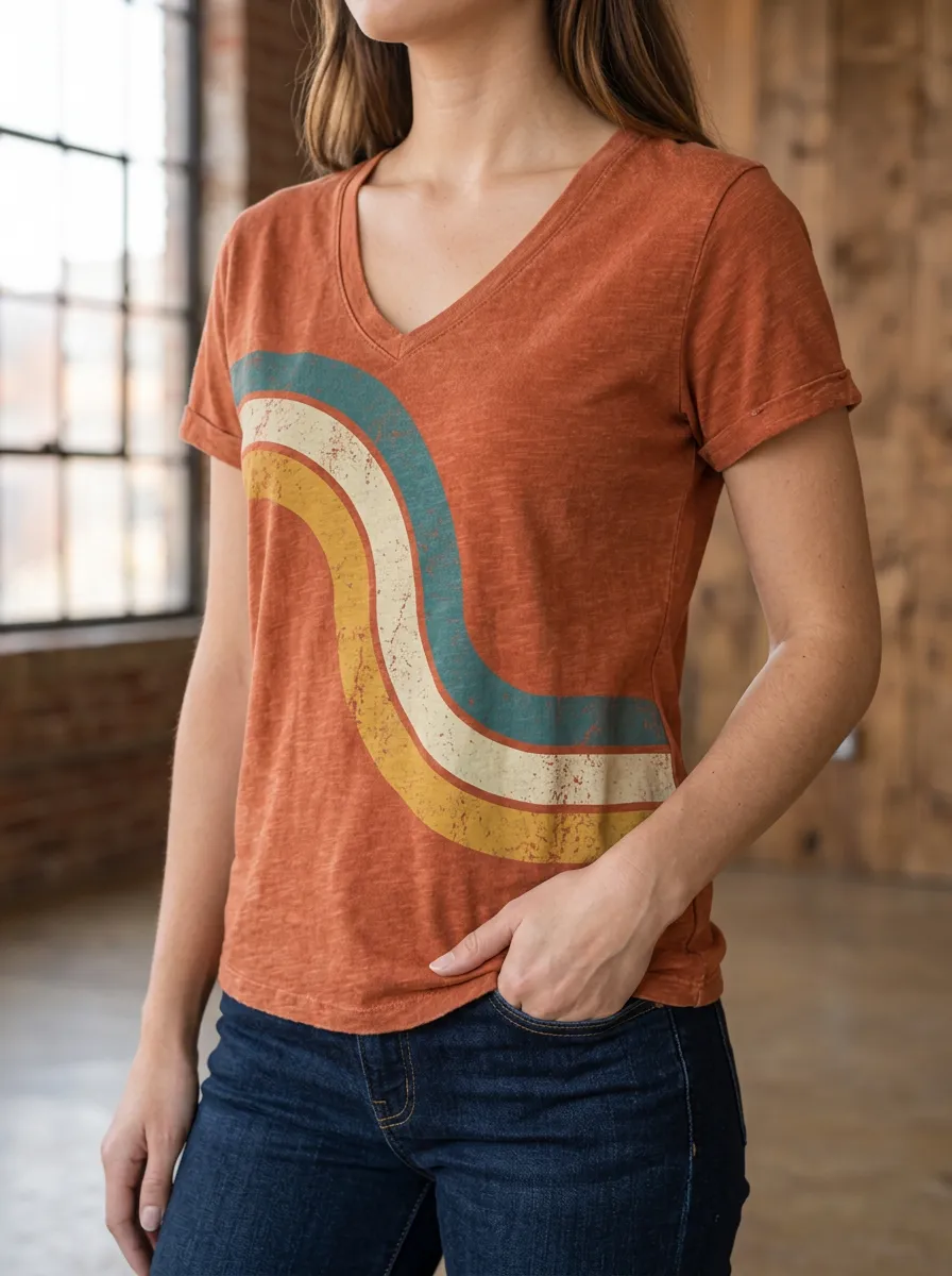 Women's Retro Aesthetic Vintage Rainbow Printed V-neck T-shirt