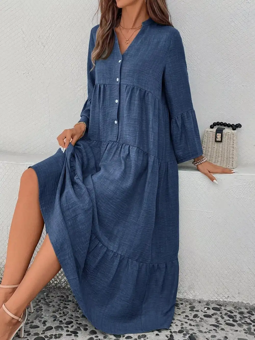 Button Front Ruffle Tiered Dress Casual