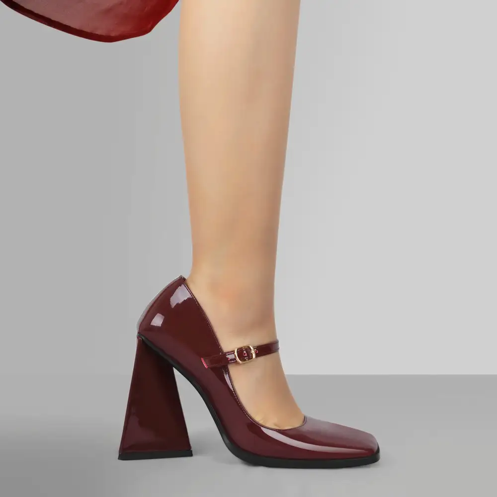 Patent Finish Square Toe Chunky Heel Pumps