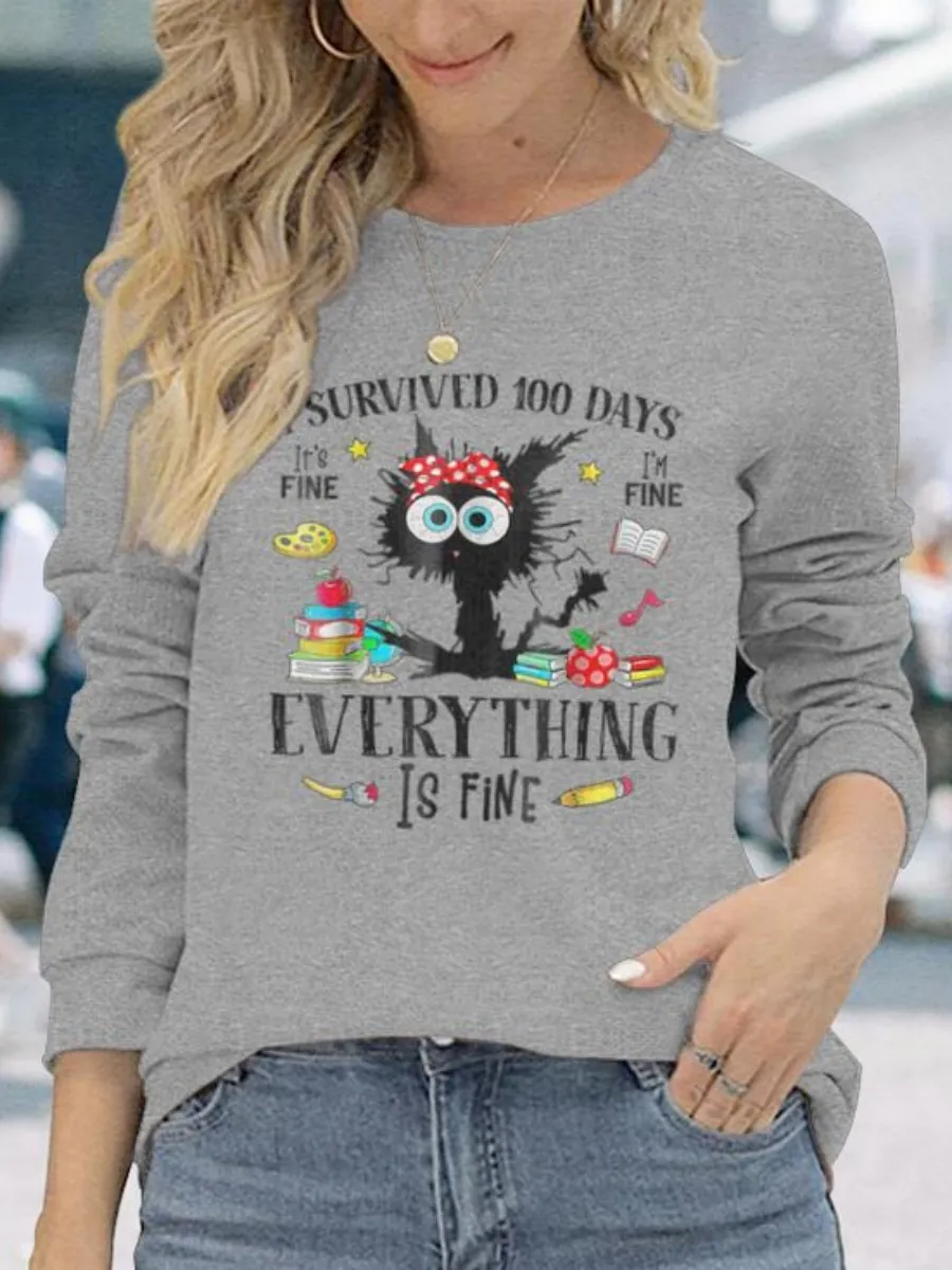 Black Cat Printed Long Sleeve T-Shirt
