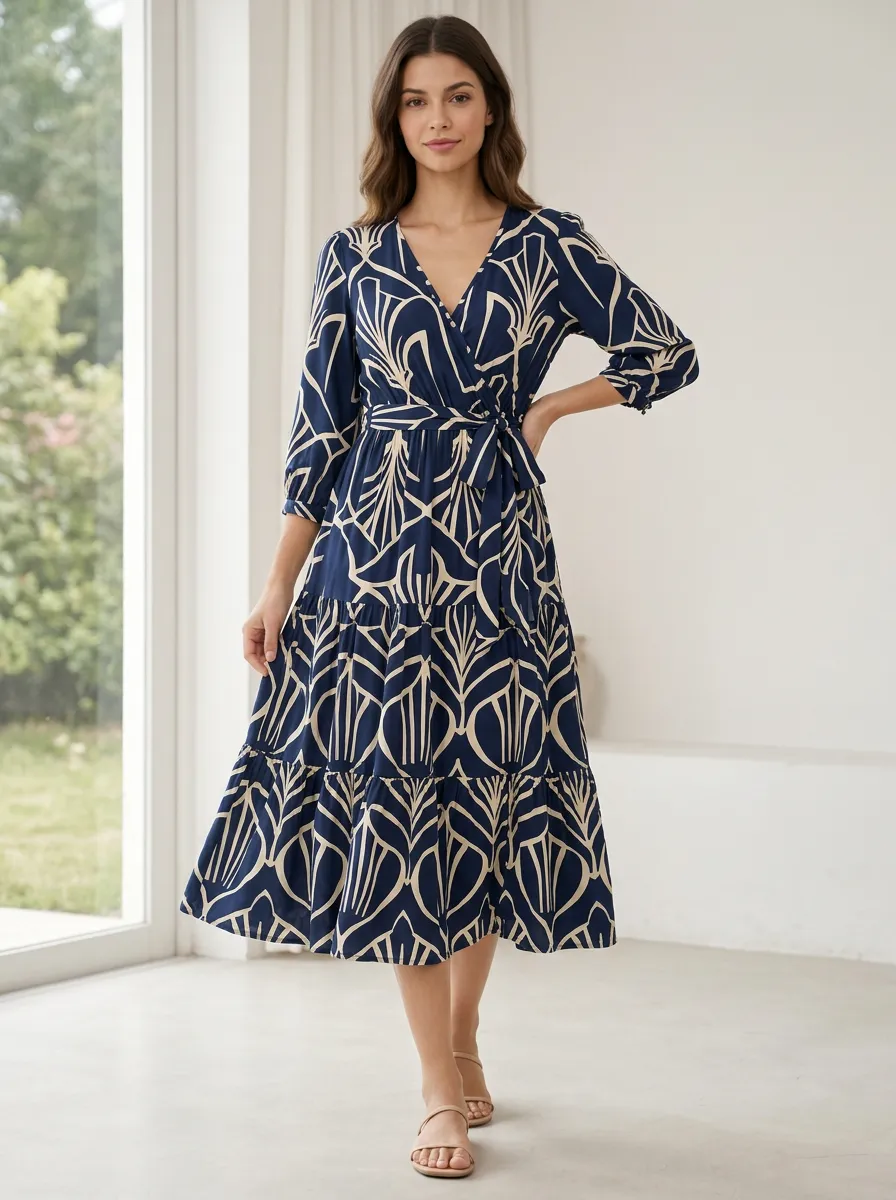 Women's Geometric Flowing Wrap Printed Midi Dress