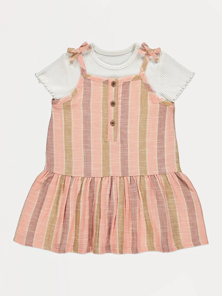 Pink Stripe Woven Strap Dress and Ribbed T-Shirt Outfit