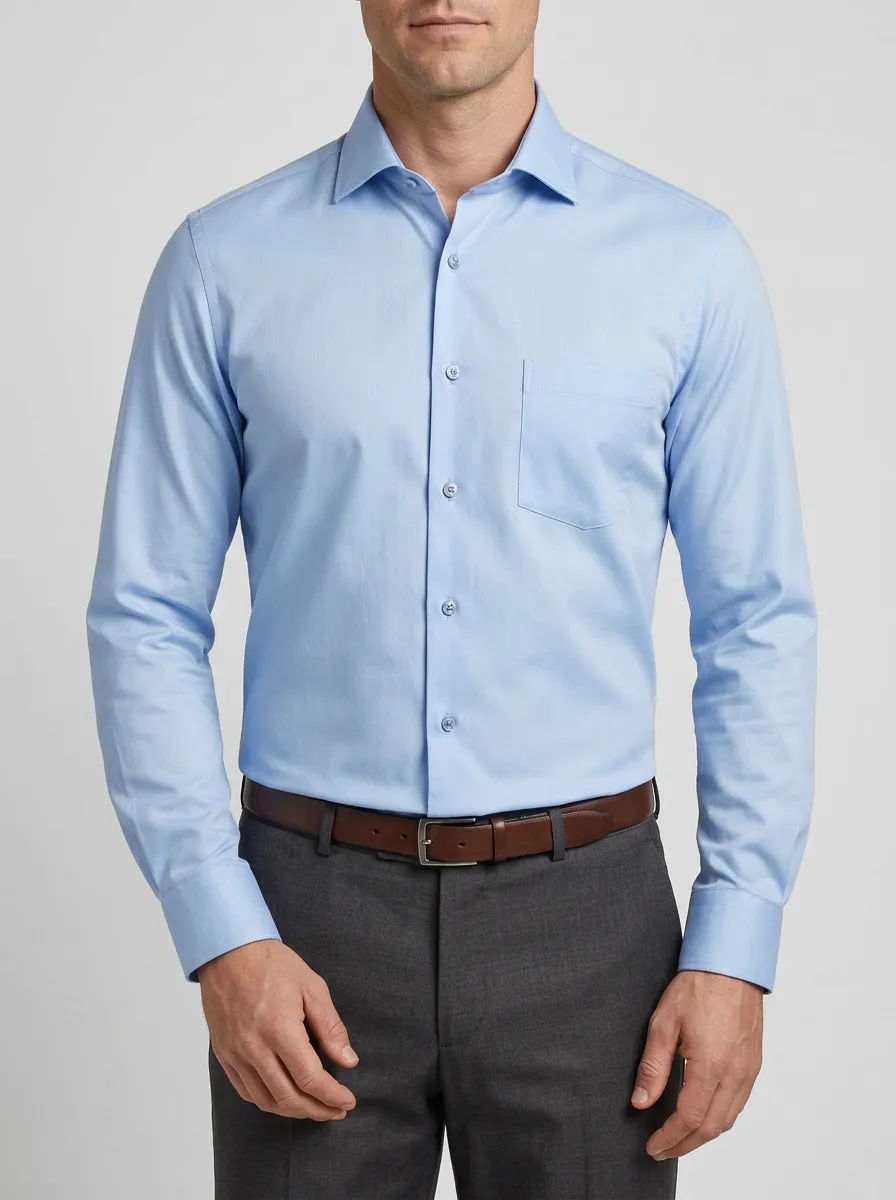 Men's Business Casual Light Blue Solid Long Sleeve Dress Shirt