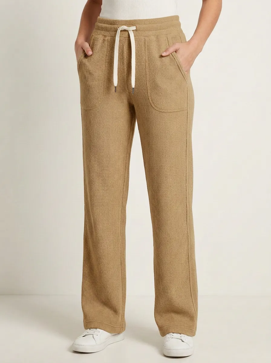 Women's Casual Waffle Knit Drawstring Beige Lounge Pants