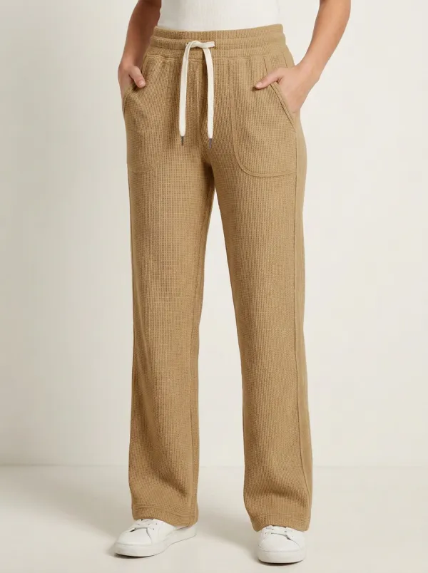 Women's Casual Waffle Knit Drawstring Beige Lounge Pants