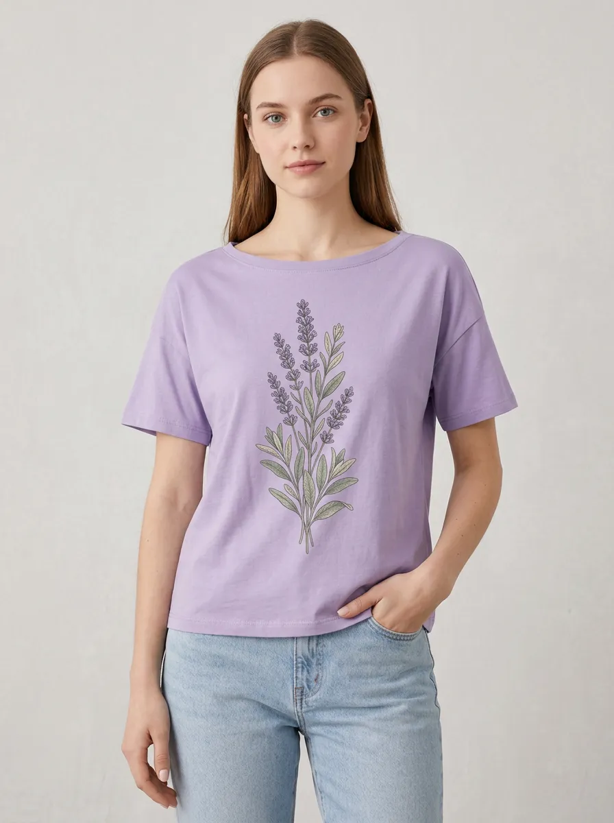 Women's Lavender Flower Botanical Printed T-shirt