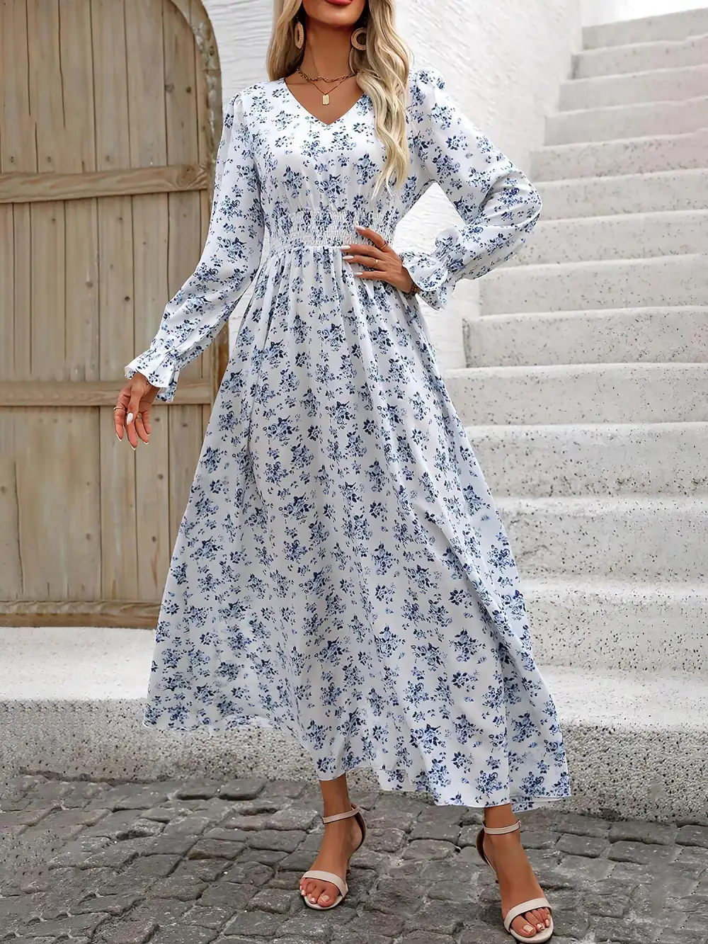 Boho Floral V-Neck Long-Sleeve Smocked Waist Swing Maxi Casual Dress