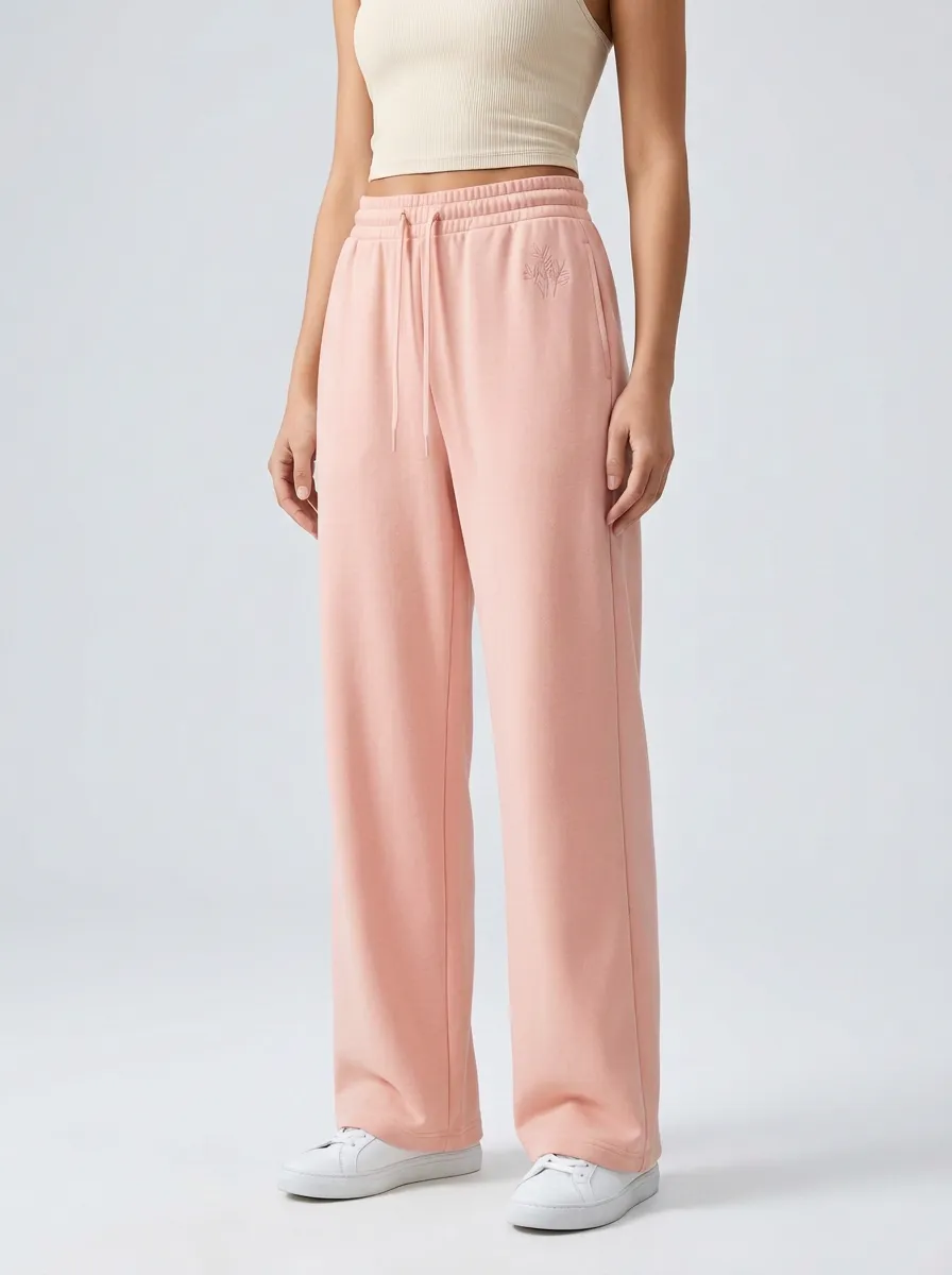 Women's Minimalist Beige Leaf Embroidered Sweatpants