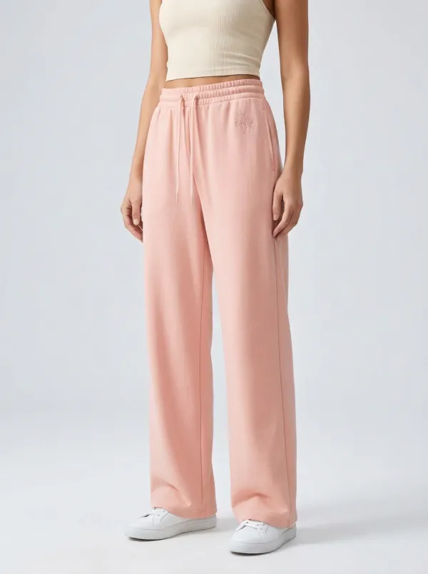 Women's Minimalist Beige Leaf Embroidered Sweatpants