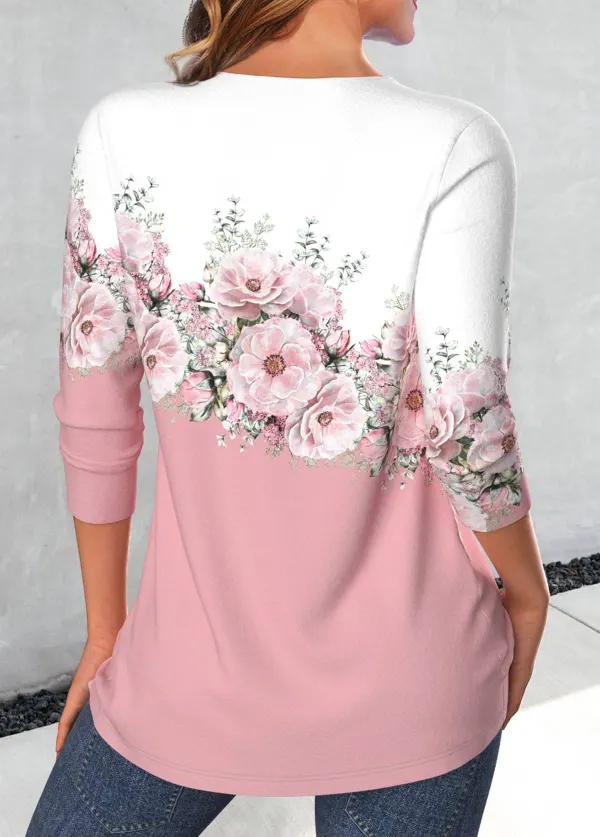 Pink Criss Cross Floral Print T Shirt