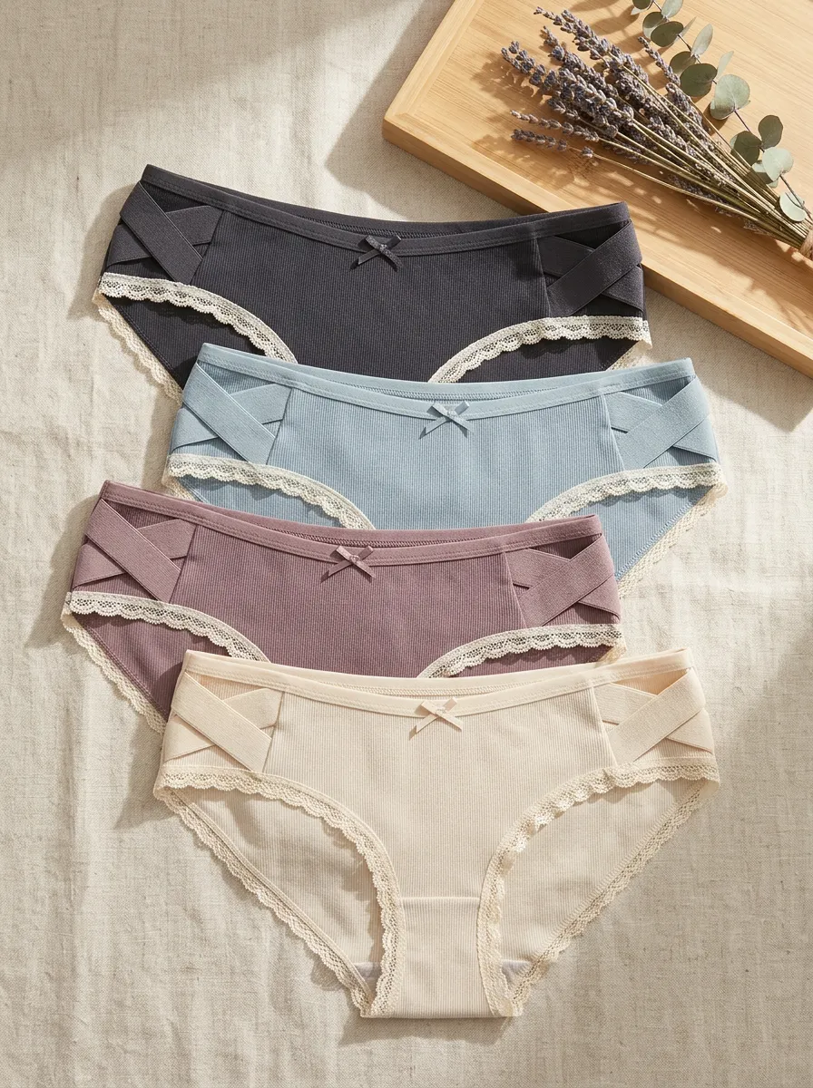 Women's Lace Trim Bow Detail Ribbed 4-Pack Underwear Set