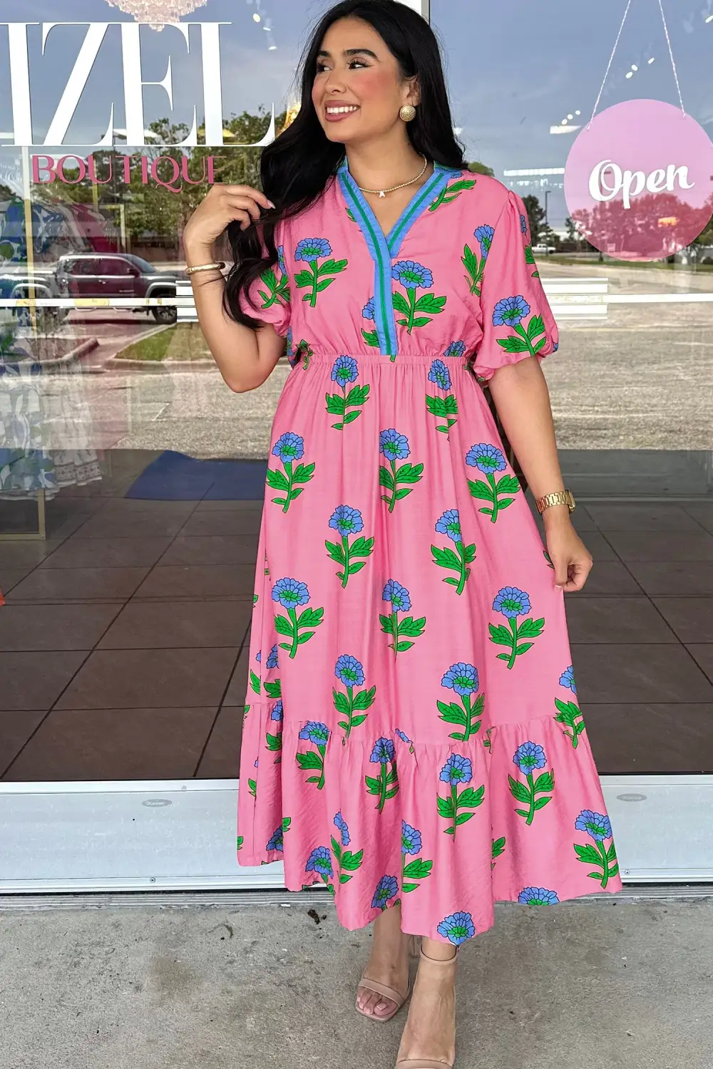 Floral Striped V Neck Dress Casual