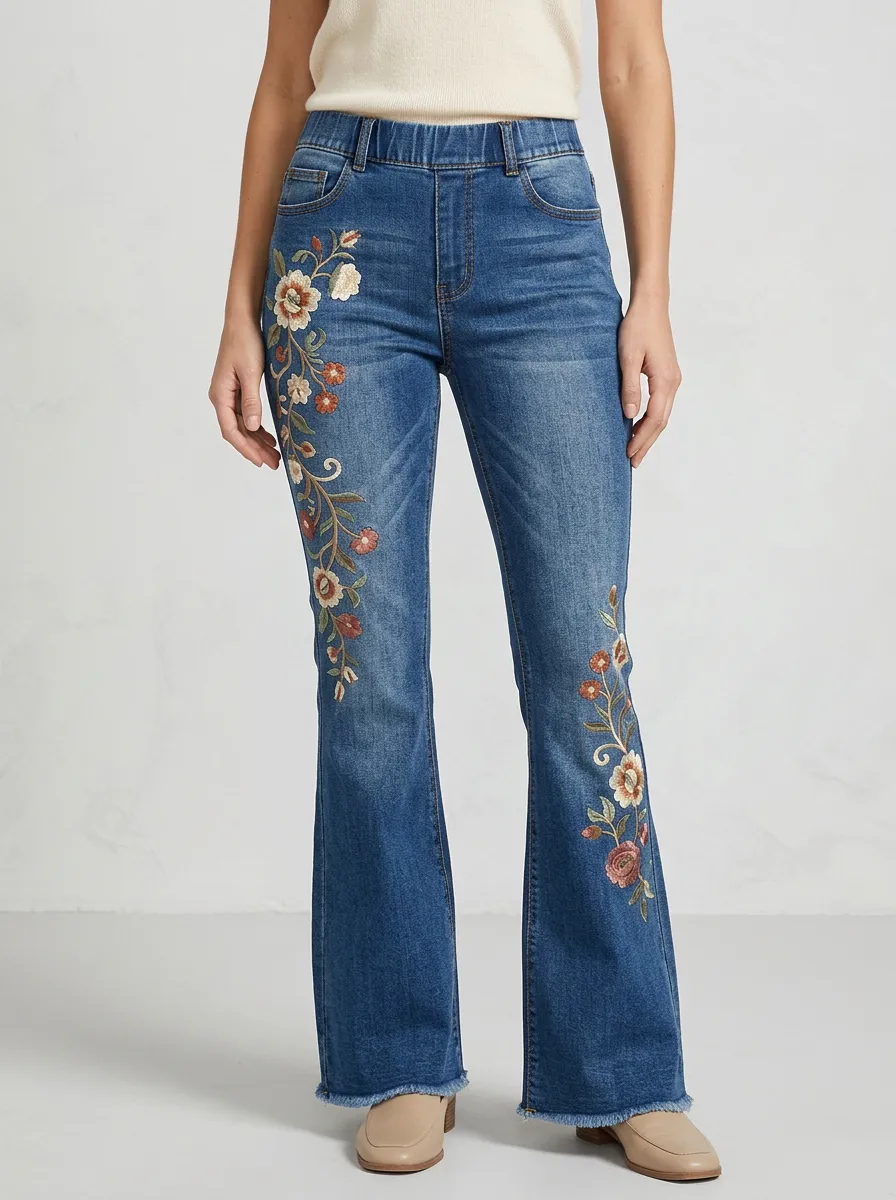 Women's Blue Floral Embroidery Pull-On Waist Flare Jeans