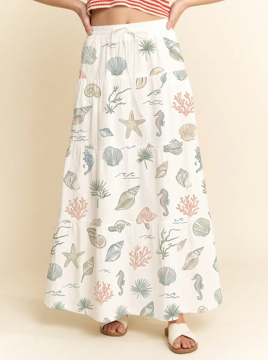 Women's Beach Lover Seashell Starfish Printed Maxi Skirt