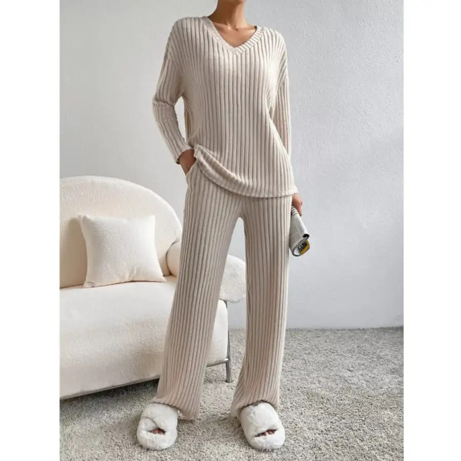 Classic Ribbed Knit Long Sleeve Top and Pants Set