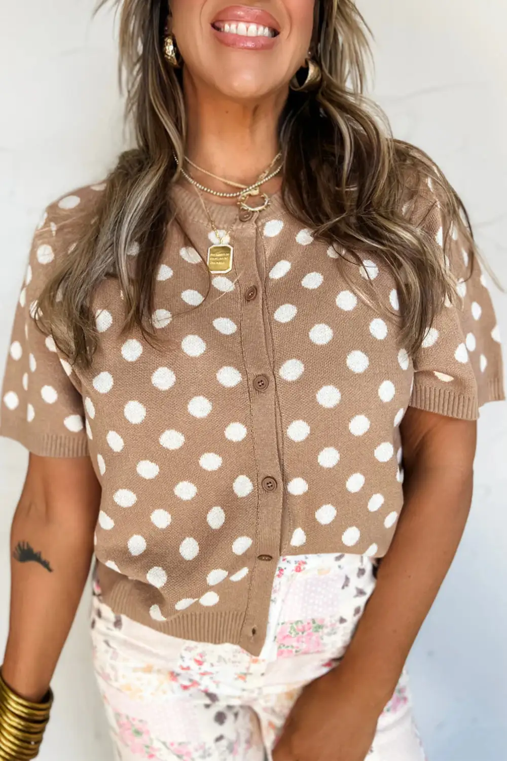 Polka Dot Button Front Short Sleeve Cardigan