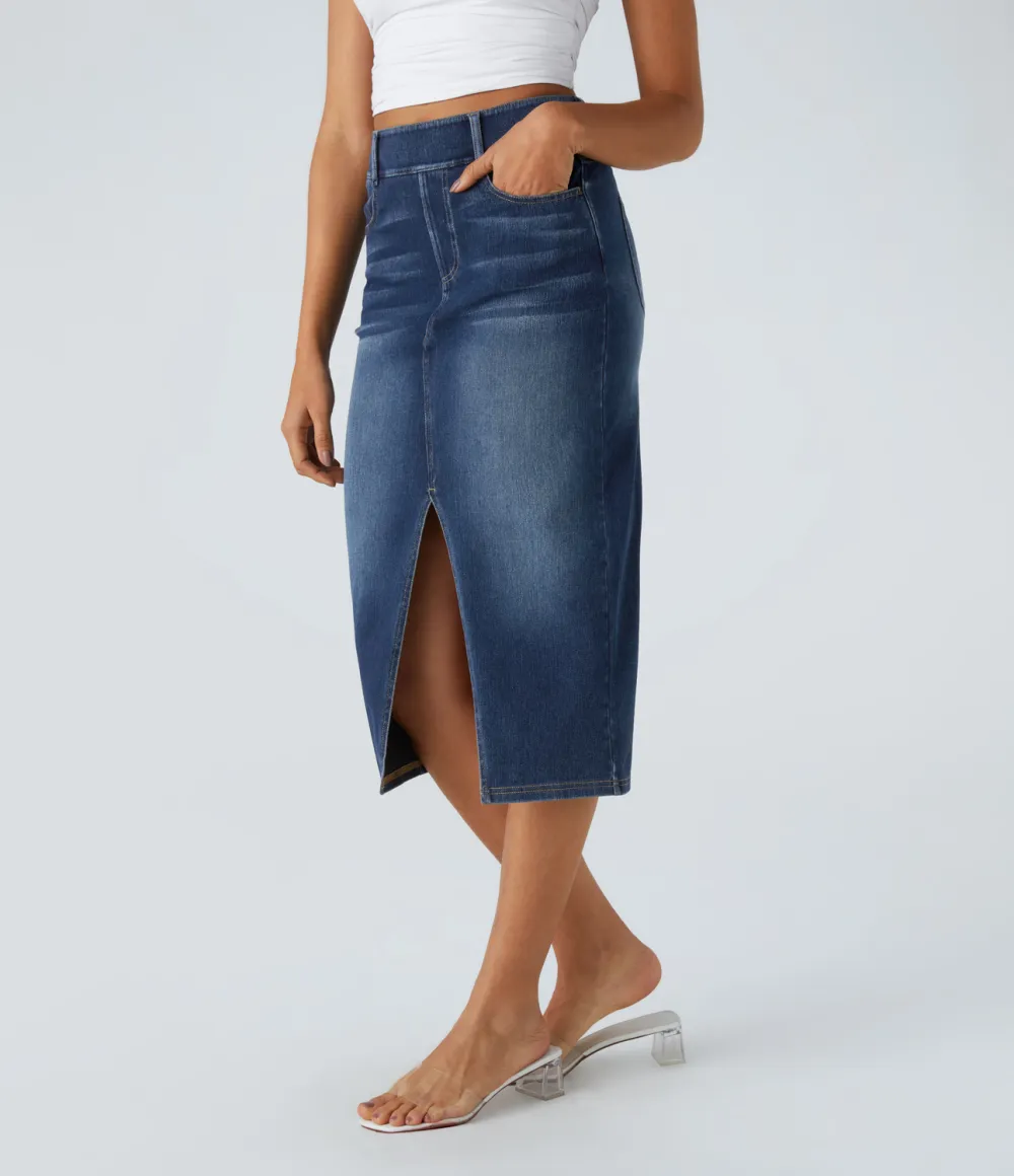 Magic High Waisted Multiple Pockets Bodycon Split Washed Stretchy Knit Denim Casual Midi Skirt