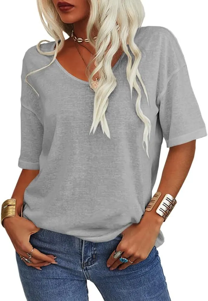 Women's Summer Casual Half Sleeve V-Neck T-Shirt Basic Top
