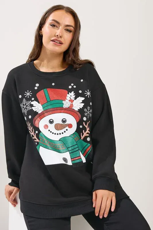 Black Glitter Snowman Christmas Novelty Sweatshirt