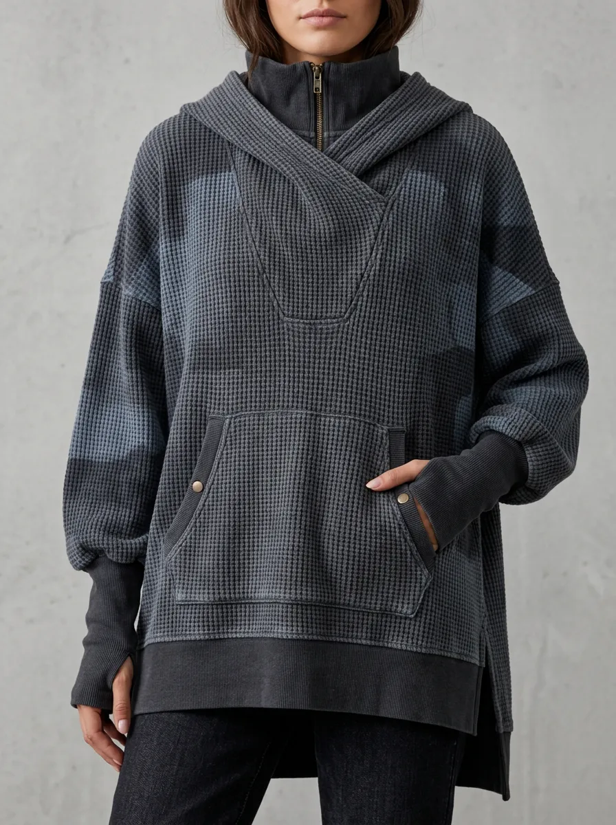 Women's Waffle Knit Quarter Zip Hooded Pullover Top