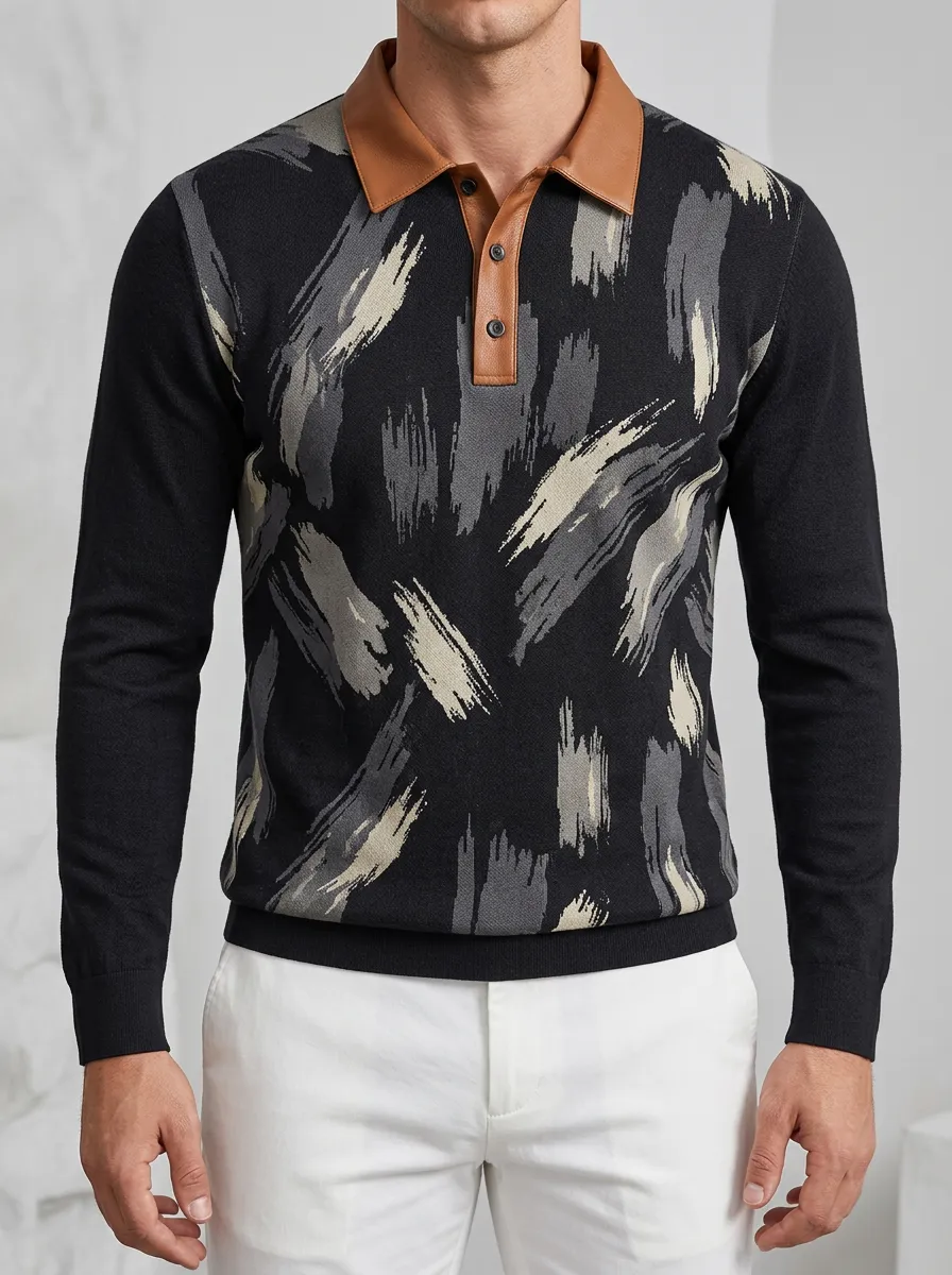 Men's Abstract Brushstroke Pattern Leather Collar Printed Polo Shirt