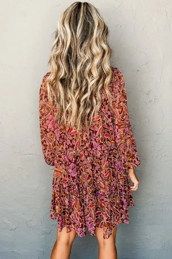 Long Sleeve Shirred High Neck Loose Mini Dress