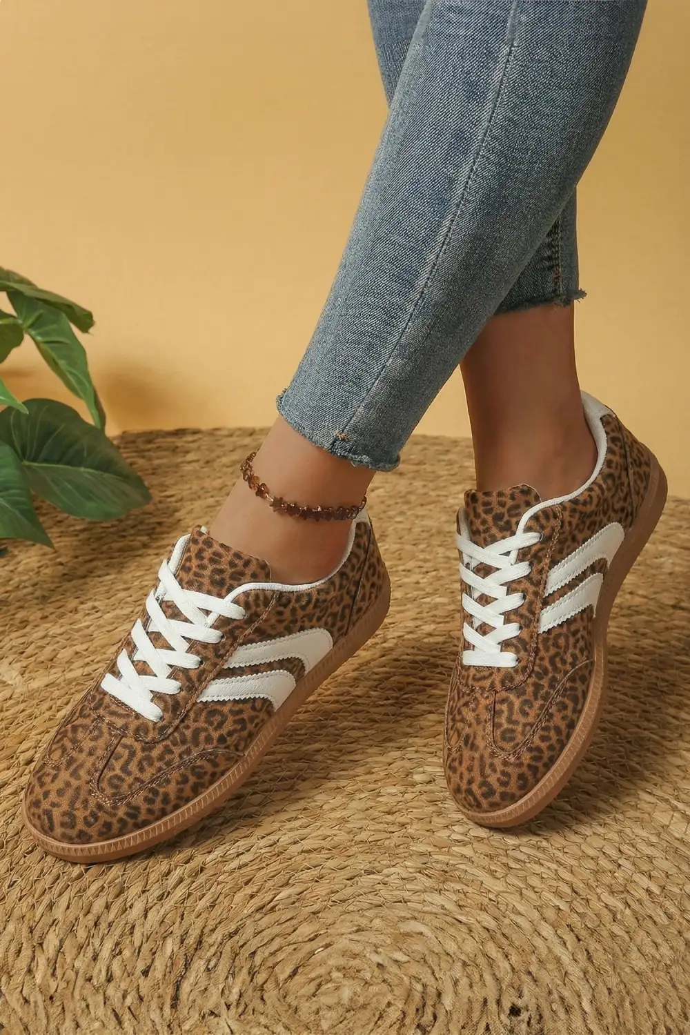 Leopard Metallic Accent Leather Lace-Up Casual Sneakers