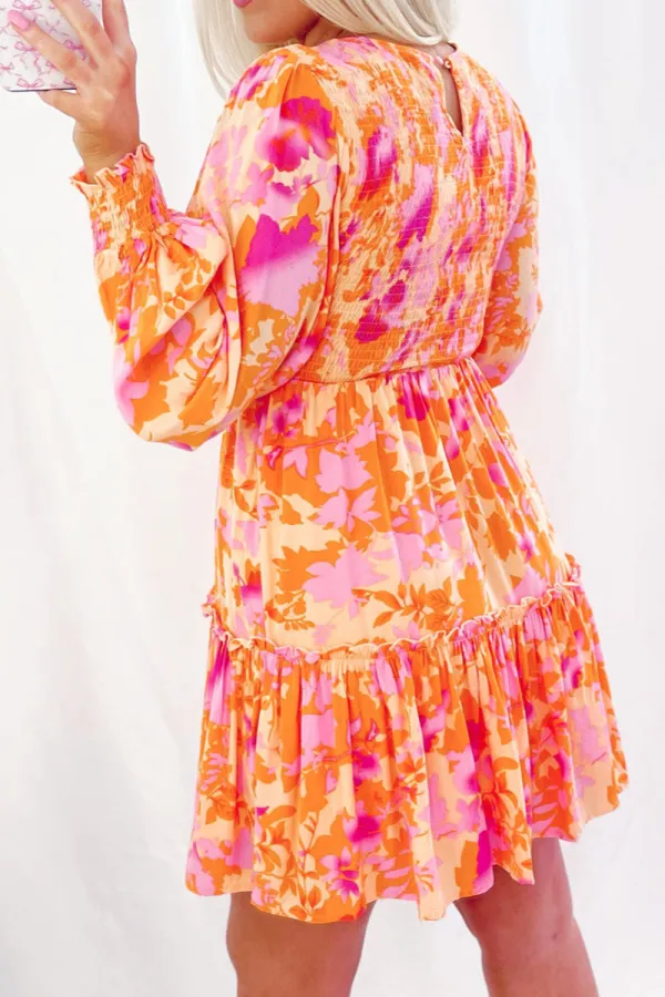 Abstract Print Ruffle Trim Smocked Mini Dress