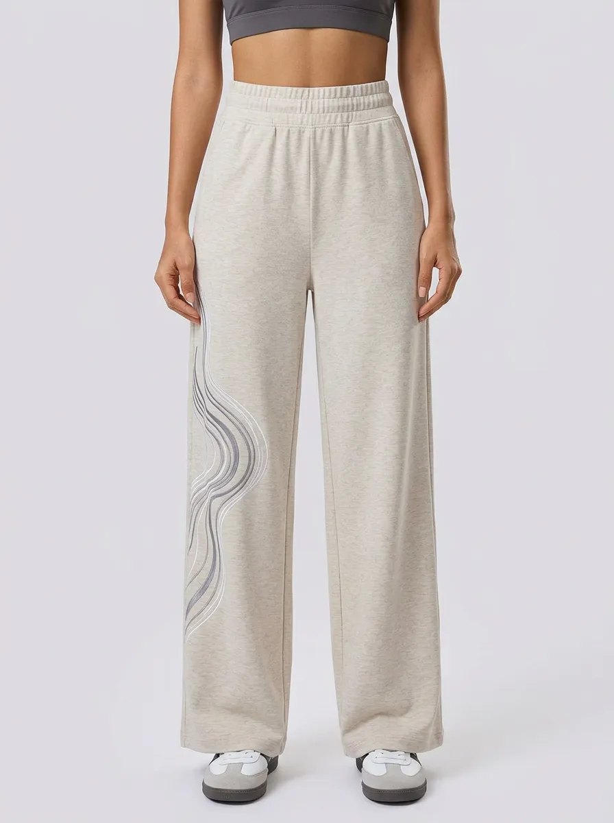 Women's Beige Graphic Print Wide-Leg Sweatpants