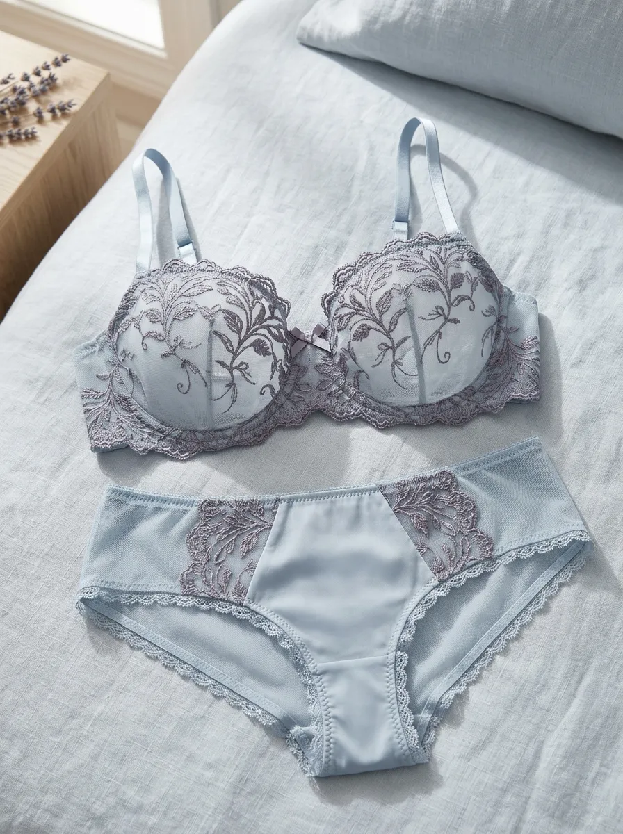 Women's Floral Lace Embroidered Dusty Lingerie Set
